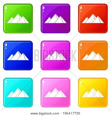 Pyramids in Giza icons of 9 color set isolated vector illustration
