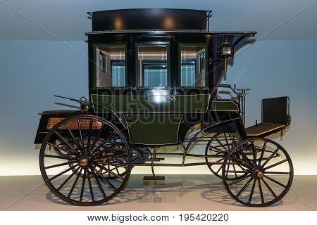 STUTTGART GERMANY- MARCH 19 2016: The first bus Benz Omnibus (Benz motorized bus) 1895. Mercedes-Benz Museum.