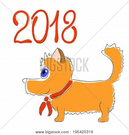 Cute dog - symbol of 2018 year. Dog vector illustration on white background. Cute doggy pet gift with red ribbon.New Year greeting card with corgi dog. Funny puppy smiling. Chinese year symbol dog