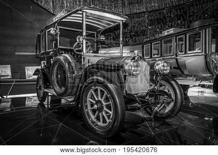 STUTTGART GERMANY- MARCH 19 2016: Vintage car Benz 20/35 PS Landaulet 1909. Black and white. Mercedes-Benz Museum.