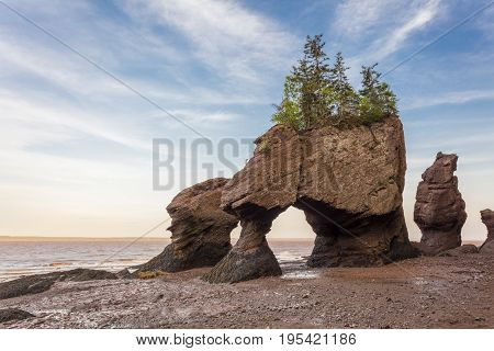 The icon Hopewell Rocks in New Brunswich. Popular tourist destination the Bay of Fundy has the highest tides in the world.