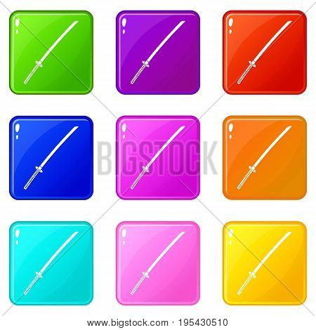 Japanese katana icons of 9 color set isolated vector illustration