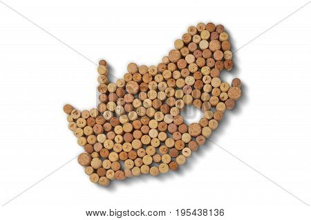 Wine-producing countries - maps from wine corks. Map of South Africa on white background. Clipping path included.