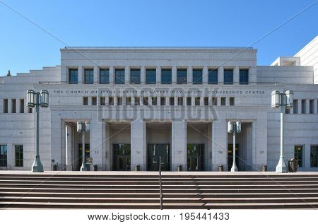 SALT LAKE CITY, UTAH - JUNE 28, 2017: LDS Conference Center. The building seats 21,000 people with a rooftop garden planted with 4 acres of flowers and trees.