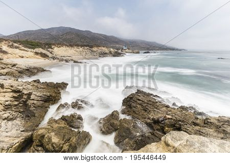 Leo Carrillo State Beach with motion blur water in Malibu, California.