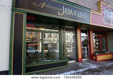 PETOSKEY, MICHIGAN / UNITED STATES - NOVEMBER 22, 2016: One may purchase jewelry from Arlington Jewelers, on Lake Street in downtown Petoskey.