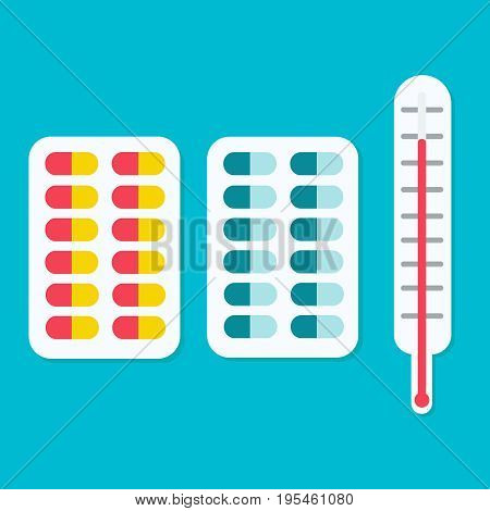 Tablets ahd a thermometer. Icon vector flat illustration EPS10.