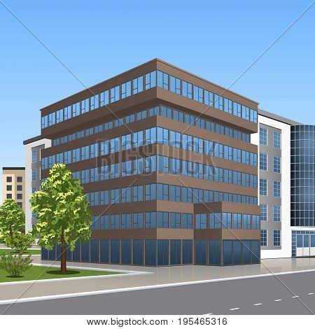 office building with the entrance and a reflection on the background of the street