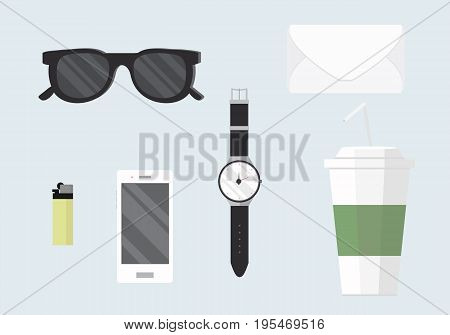 Flat design concept vector illustration of every day carry and outfit accessories. Icons collection in stylish colors. on light background. EPS10.