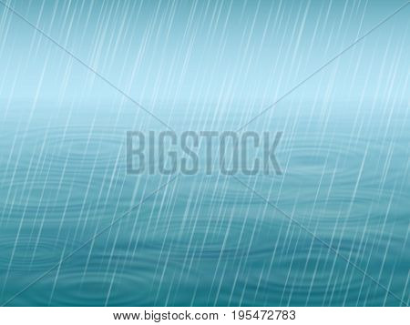 Autumn background. Water surface with wave and circles, falling rain. Vector realistic illustration.