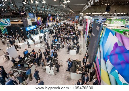 HANNOVER GERMANY - MARCH 15 2016: Hall 2 at CeBIT information technology trade show in Hannover Germany on March 15 2016.