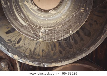 An empty circle, where the potter molds product. Creative studio potter. Workplace wizard Crock pottery. Top view