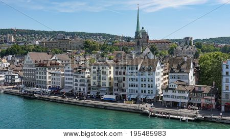 ZURICH, SWITZERLAND : View of historic Zurich city center, Limmat river and Zurich lake, Switzerland. Zurich is a leading global city and among the world's largest financial center