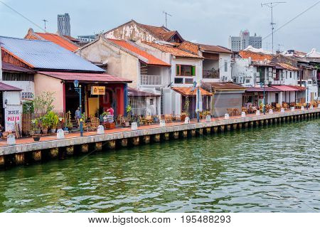 Melaka Malaysia - April 20 2017: The old building along Melaka river. Melaka has a historical site which was declared as the UNESCO world heritage in 2008.