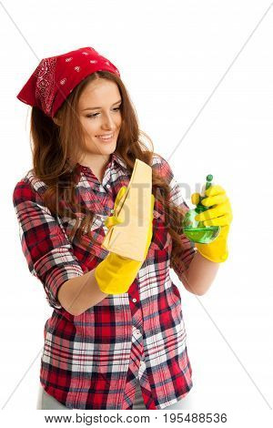 Happy Young Woman Cleaning Windows Isolated Over White Vackground