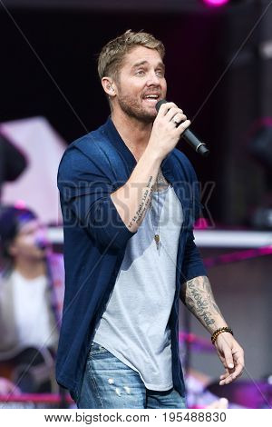 WANTAGH, NY-JUL 14: Brett Young performs during the You Look Good World Tour at Northwell Health at Jones Beach Theatre on July 14, 2017 in Wantagh, New York.