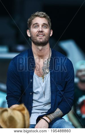 WANTAGH, NY-JUL 14: Brett Young performs during the You Look Good World Tour at Northwell Health at Jones Beach Theatre on July 14, 2017 in Wantagh, New York.