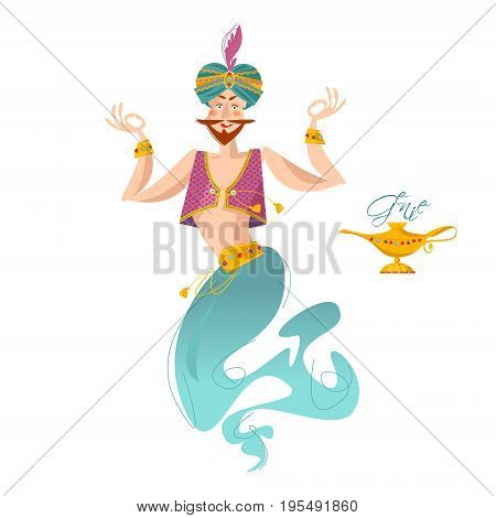 Happy genie with magic lamp. Vector illustration