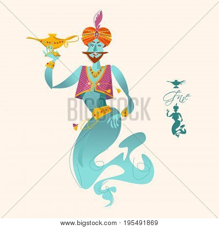 Happy genie with magic lamp. Vector illustration