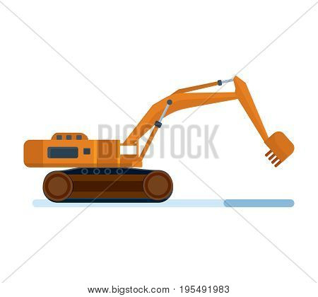 Modern construction machinery. Industrial excavator on a construction site. Technics and equipment. Heavy machinery object. Vector illustration on white background.