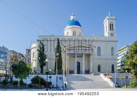 Port of Piraeus Greece - Mai 30 2017: The church of St.Nicholas in Port of Piraeus. Dedicated to Saint Nikolaos the patron saint of seamen it is a remarkable example of the late 19th century architecture following the standards of neoclassicism.