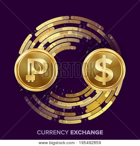 Digital Currency Money Exchange Vector. Peercoin, Dollar. Fintech Blockchain. Gold Coins With Digital Stream. Cryptography. Conversion Commercial Operation. Business Investment