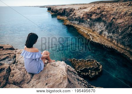 Young Woman Enjoying Beautiful Sea View On Greco Cape In Cyprus