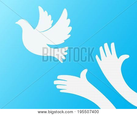 Close up of hand Freeing the white bird on sky blue background
