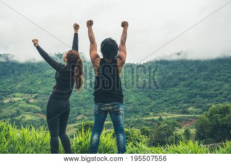 Lover Men and women Asia travel relax. Morning atmosphere nature Forests mountains. khaoko Thailand
