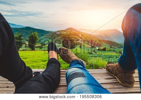 Lover Men and women Asia travel sleep relax. Morning atmosphere nature Forests mountains. Phu Thap Buek Thailand