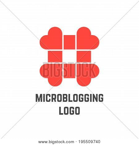 microblogging logo with hashtag from hearts. concept of micro blogging, web communicate, pr, popularity, grid. isolated on white background. flat style trend modern logotype design vector illustration
