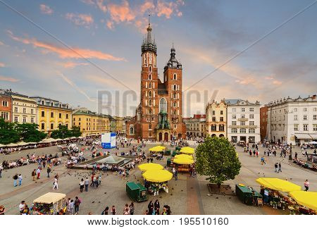 Rynek Glowny - The main square of Krakow Poland. Europe in the evening.