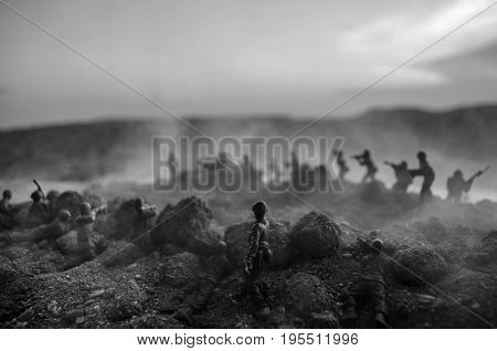 War Concept. Military Silhouettes Fighting Scene On War Fog Sky Background, World War Soldiers Silho