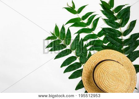 Green leaf branches and straw haton white background. flat lay, top view. Copy space. Still life