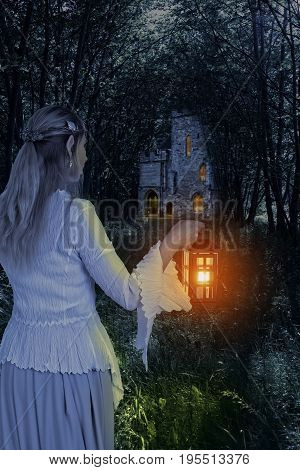female elf in the woods with lantern