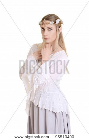 isolated female elf with crown on white background