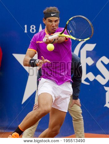 BARCELONA, SPAIN - APRIL, 27:  Spanish tennis player Rafael Nadal in action during a match of Barcelona tennis tournament Conde de Godo on April 27, 2017 in Barcelona Spain