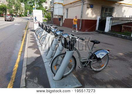 MOSCOW - JULY 13: Bicycle rental point on Shmitovski street on July 13 2017 in Moscow. Shmitovski Street is located in Central Administrative District of Moscow.