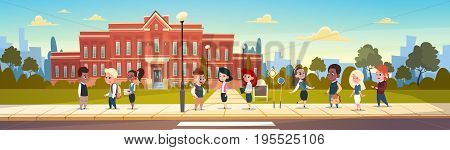 Group Of Pupils Mix Race Stand In Front Of School Building Primary Schoolchildren Talking Students Flat Vector Illustration