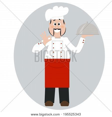 A professional chef. Cook with a dish isolated on a white background. Vector illustration. Cartoon character.