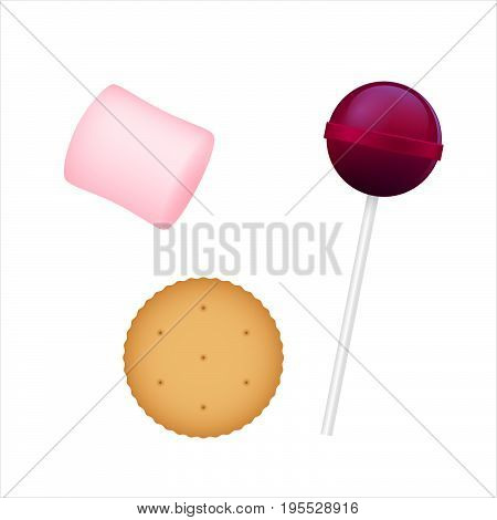 Colorful Chupa Chups, marshmallow, cracker. 3D illustration Vector sweet