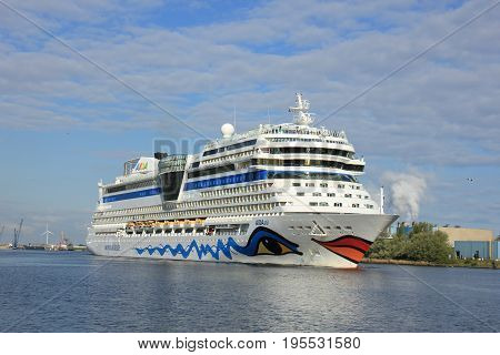 Velsen the Netherlands -April 19th 2017: Aida Sol on North Sea Canal on it's way to the Amsterdam Cruise Terminal