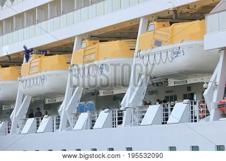 IJmuiden the Netherlands - April 30th 2017: Aida Sol docked at the Felison Cruise Terminal detail of safety vessels