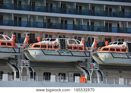 Velsen The Netherlands - May 30th 2017: Costa Mediterranea on North Sea Channel detail of lifeboat