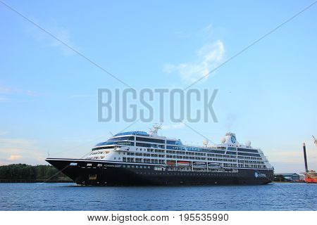 Velsen The Netherlands - August 27th 2016: Azamara Quest a cruise ship owned and operated by Azamara Club Cruises on North Sea Canal
