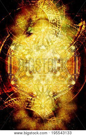 Light merkaba and zodiac and abstract background. Sacred geometry