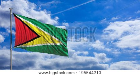 Guyana Waving Flag On Blue Sky. 3D Illustration