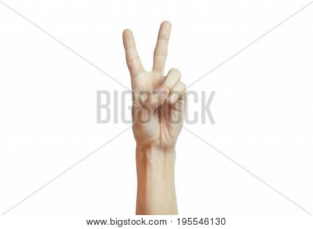 Manicured Hand showing the sign of victory and peace. Close up of male hand showing victory sign isolated on white background. Man hand gesturing peace sign.