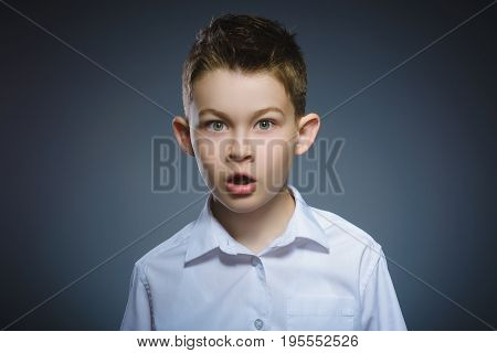 Closeup Scared and shocked little boys. Studio shot portrait over gray background. Human emotion face expression. Life perception achievement vision.