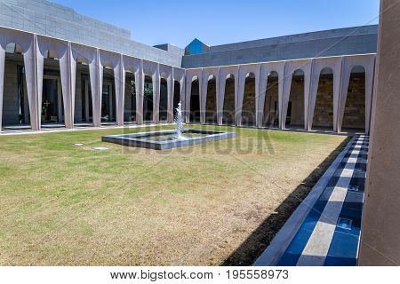 GALILEE ISRAEL - JUNE 24: The inner courtyard with a fountain in Domus Galilaeae on the Mount of Beatitudes near the Sea of Galilee Israel on June 24 2017